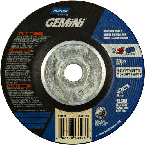 ‎4-1/2 × 1/4 × 5/8 - 11″ Gemini Grinding Wheel A 24 S BDA Type 27 - All Tool & Supply