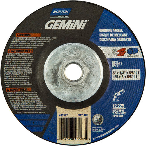 ‎5 × 1/4 × 5/8 - 11″ Gemini Grinding Wheel A 24 S BDA Type 27 - All Tool & Supply