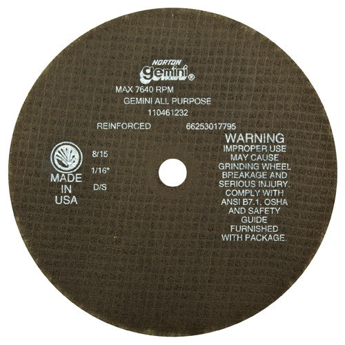 8″ × 0.060″ × 5/8″ Gemini Circular Saw Cut-Off Wheel Type 01 Straight 36 Grit Aluminum Oxide - All Tool & Supply