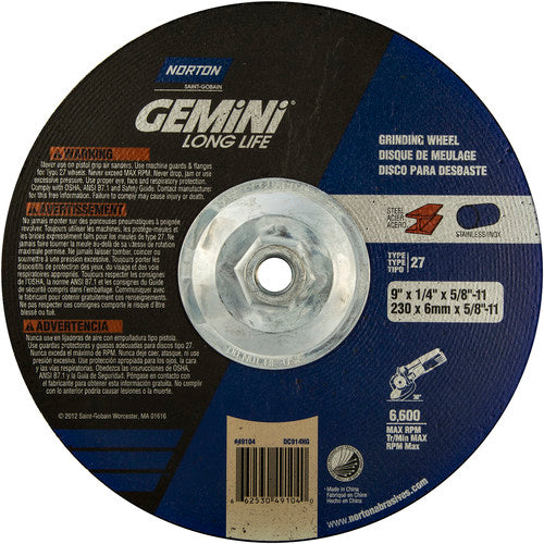 ‎9 × 1/4 × 5/8 - 11″ Gemini Long Life Grinding Wheel A 24 R Type 27 - All Tool & Supply