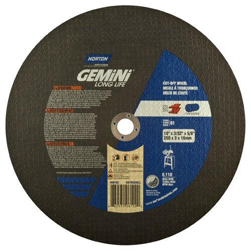 10″ × 0.09375″ × 5/8″ Gemini Stationary Saw Cut-Off Wheel Aluminum Oxide - All Tool & Supply