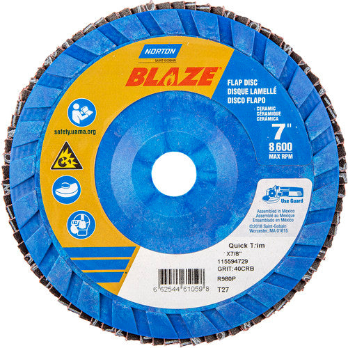 7 × 7/8″ Blaze Plastic Flat Flap Disc Type 27 40 Grit R980P Premium Ceramic Alumina - All Tool & Supply