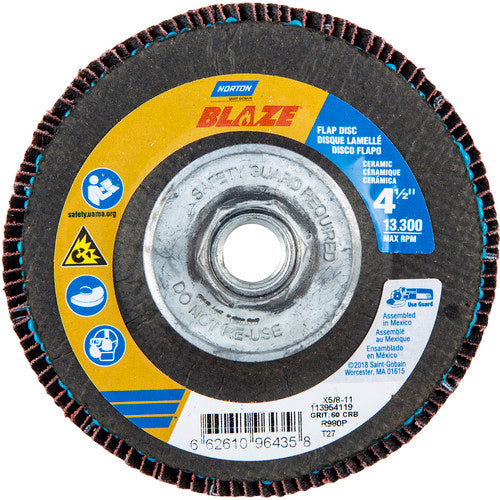 ‎4-1/2 × 5/8 - 11″ Blaze Fiberglass HD Flat Flap Disc Type 27 60 Grit R980P Premium Ceramic Alumina - All Tool & Supply