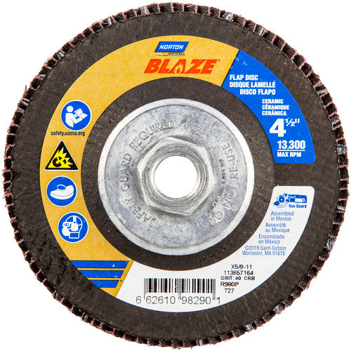 ‎4-1/2 × 5/8 - 11″ Blaze Fiberglass HD Flat Flap Disc Type 27 40 Grit R980P Premium Ceramic Alumina - All Tool & Supply