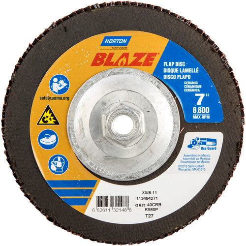 ‎7 × 5/8 - 11″ Blaze Fiberglass HD Flat Flap Disc Type 27 40 Grit R980P Premium Ceramic Alumina - All Tool & Supply