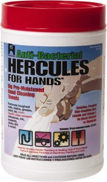 Hercules - Pre-Moistened Hand Cleaning Wipes - Canister, 12" x 10" Sheet Size, White - All Tool & Supply