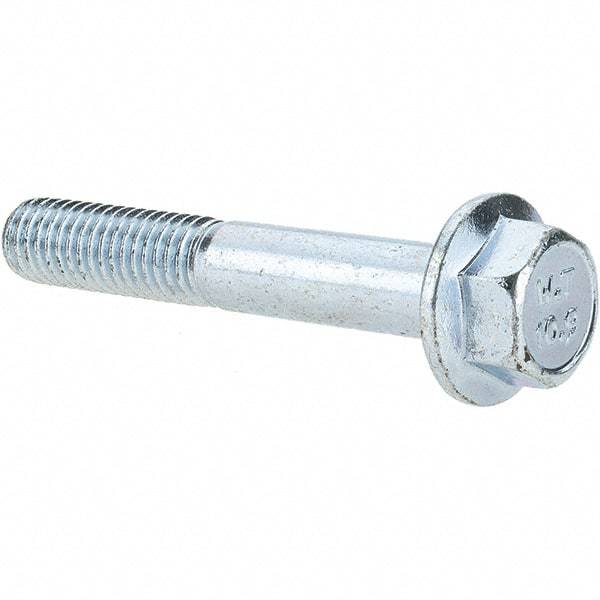 Made in USA - M8x1.25 Metric Coarse, 50mm Length Under Head, Hex Drive Flange Bolt - 30mm Thread Length, Grade 10.9 Alloy Steel, Smooth Flange, Zinc-Plated Finish - All Tool & Supply