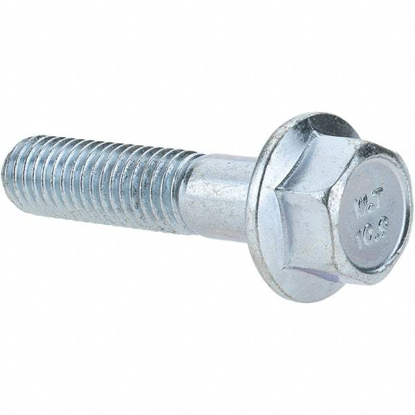 Made in USA - M8x1.25 Metric Coarse, 35mm Length Under Head, Hex Drive Flange Bolt - 30mm Thread Length, Grade 10.9 Alloy Steel, Smooth Flange, Zinc-Plated Finish - All Tool & Supply