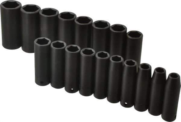 Proto - 18 Piece 1/2" Drive Black Finish Deep Well Impact Socket Set - 6 Points, 10mm to 27mm Range, Metric Measurement Standard - All Tool & Supply