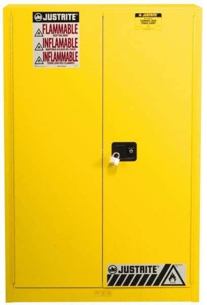 Justrite - 2 Door, 5 Shelf, Yellow Steel Standard Safety Cabinet for Flammable and Combustible Liquids - 65" High x 43" Wide x 18" Deep, Manual Closing Door, 3 Point Key Lock, 60 Gal Capacity - All Tool & Supply