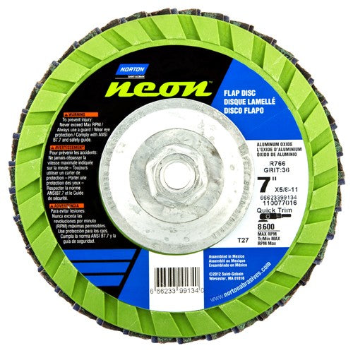 ‎7″ × 1/4″ × 5/8″-11 Neon R766 Flap Disc Type 27 Flat 120 Grit - All Tool & Supply