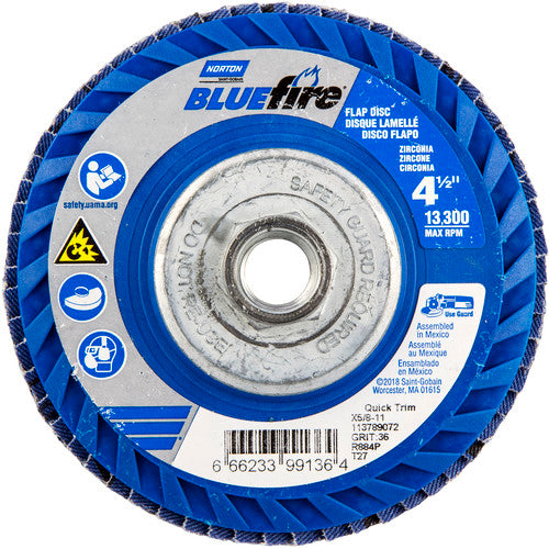 ‎4-1/2 × 5/8 - 11″ BlueFire Plastic Flat Flap Disc Type 27 P36 Grit R884P Zirconia Alumina - All Tool & Supply