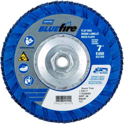 ‎7 × 5/8 - 11″ BlueFire Plastic Flat Flap Disc Type 27 P36 Grit R884P Zirconia Alumina - All Tool & Supply