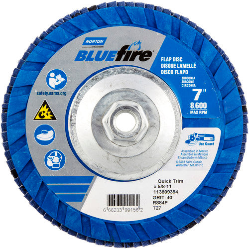 ‎7 × 5/8 - 11″ BlueFire Plastic Flat Flap Disc Type 27 P40 Grit R884P Zirconia Alumina - All Tool & Supply