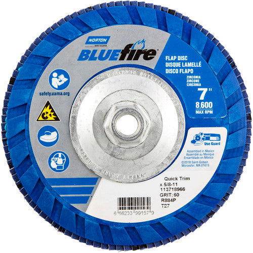 ‎7 × 5/8 - 11″ BlueFire Plastic Flat Flap Disc Type 27 P60 Grit R884P Zirconia Alumina - All Tool & Supply