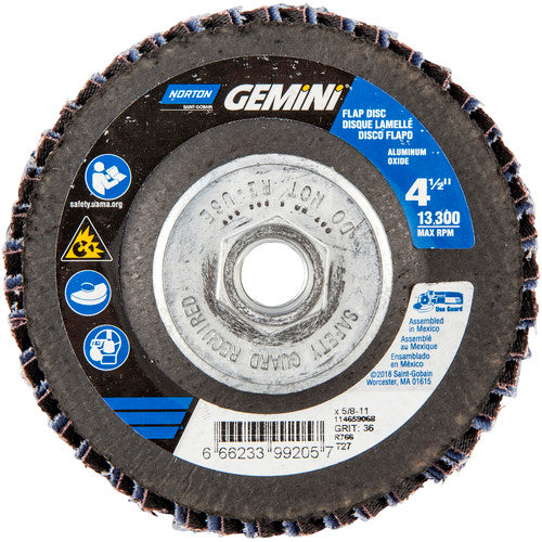 ‎4-1/2 × 5/8 - 11″ Gemini Fiberglass HD Flat Flap Disc Type 27 P36 Grit R766 Zirconia Alumina - All Tool & Supply