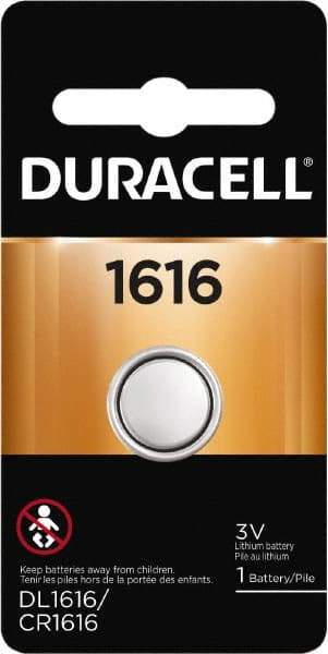 Duracell - Size 1616, Lithium, 1 Pack, Button & Coin Cell Battery - 3 Volts, Flat Terminal, CR1616, ANSI 5021LC Regulated - All Tool & Supply