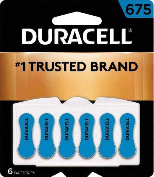 Duracell - Size 675, Zinc Air, 6 Pack, Hearing Aid Battery - 1.4 Volts, Flat Terminal, PR44, ANSI 7003ZD Regulated - All Tool & Supply