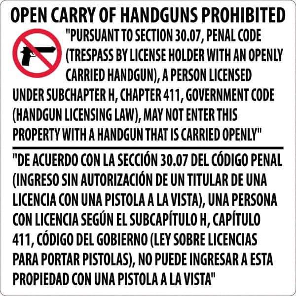 NMC - "Open Carry of Handguns Prohibited", 24" Long x 24" Wide, Rigid Plastic Safety Sign - Square, 0.05" Thick, Use for Accident Prevention - All Tool & Supply