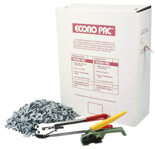 Value Collection - 9,000 Inch Long x 1/2 Inch Wide x 0.015 Inch Thick, Heavy Duty Polyproylene Strapping Kit - 400 Lbs Tensile Strength, Contains Self Dispensing Box, White Polypropylene Strapping, 1000 Seals, Tensioner Tool and Crimper Tool - All Tool & Supply