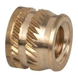 E-Z LOK - 1/4-20, 0.349" Small to 0.363" Large End Hole Diam, Brass Single Vane Tapered Hole Threaded Insert - 3/8" Insert, 0.354" Pilot Diam, 0.3" OAL, 0.194" Min Wall Thickness - All Tool & Supply