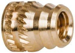 E-Z LOK - #6-32, 0.185" Small to 0.206" Large End Hole Diam, Brass Double Vane Tapered Hole Threaded Insert - 0.22" Insert, 0.19" Pilot Diam, 1/4" OAL, 0.116" Min Wall Thickness - All Tool & Supply