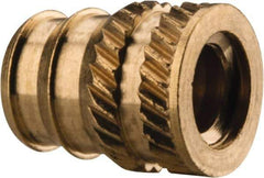 E-Z LOK - #10-24, 0.246" Small to 0.277" Large End Hole Diam, Brass Double Vane Tapered Hole Threaded Insert - 19/64" Insert, 1/4" Pilot Diam, 3/8" OAL, 0.159" Min Wall Thickness - All Tool & Supply