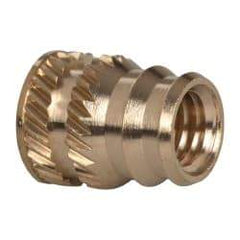 E-Z LOK - #10-32, 0.246" Small to 0.277" Large End Hole Diam, Brass Double Vane Tapered Hole Threaded Insert - 19/64" Insert, 1/4" Pilot Diam, 3/8" OAL, 0.159" Min Wall Thickness - All Tool & Supply