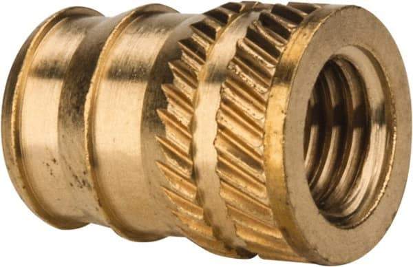 E-Z LOK - 1/4-28, 0.321" Small to 0.363" Large End Hole Diam, Brass Double Vane Tapered Hole Threaded Insert - 3/8" Insert, 0.332" Pilot Diam, 1/2" OAL, 0.194" Min Wall Thickness - All Tool & Supply