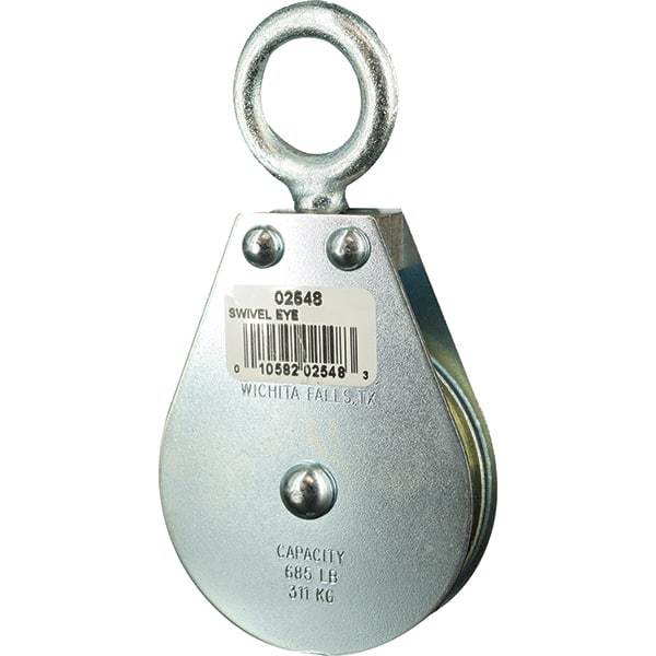 Block Division - 685 Lbs. Load Limit, Swivel Eye Standard Block - Single Sheave, 2-1/2 Inch Outside Diameter, Wire Rope, 1/4 Inch Diameter, Eye, 7/8 Inch Inside Diameter, Carbon Steel, Zinc Plated Finish - All Tool & Supply