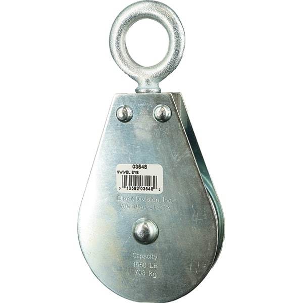 Block Division - 1, 550 Lbs. Load Limit, Swivel Eye Standard Block - Single Sheave, 3-1/2 Inch Outside Diameter, Wire Rope, 5/16 Inch Diameter, Eye, 1-3/16 Inch Inside Diameter, Carbon Steel, Zinc Plated Finish - All Tool & Supply