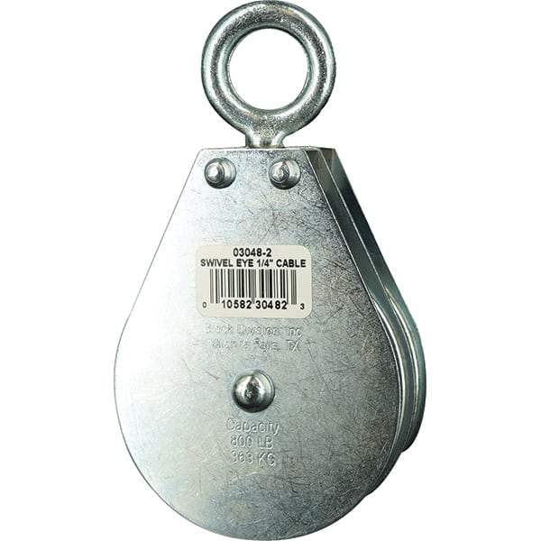 Block Division - 800 Lbs. Load Limit, Swivel Eye Standard Block - Double Sheave, 3 Inch Outside Diameter, Wire Rope, 1/4 Inch Diameter, Eye, 7/8 Inch Inside Diameter, Carbon Steel, Zinc Plated Finish - All Tool & Supply