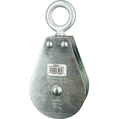 Block Division - 1, 550 Lbs. Load Limit, Swivel Eye Standard Block - Double Sheave, 3-1/2 Inch Outside Diameter, Wire Rope, 5/16 Inch Diameter, Eye, 1-3/16 Inch Inside Diameter, Carbon Steel, Zinc Plated Finish - All Tool & Supply