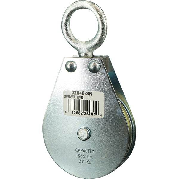 Block Division - 685 Lbs. Load Limit, Swivel Eye Snatch Block - Single Sheave, 2-1/2 Inch Outside Diameter, Wire Rope, 1/4 Inch Diameter, Eye, 7/8 Inch Inside Diameter, Carbon Steel, Zinc Plated Finish - All Tool & Supply