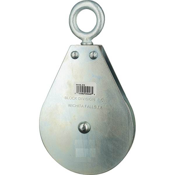 Block Division - 640 Lbs. Load Limit, Swivel Eye Snatch Block - Single Sheave, 3 Inch Outside Diameter, Wire Rope, 1/4 Inch Diameter, Eye, 7/8 Inch Inside Diameter, Carbon Steel, Zinc Plated Finish - All Tool & Supply