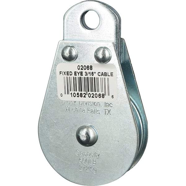 Block Division - 600 Lbs. Load Limit, Rigid Eye Block - Single Sheave, 2 Inch Outside Diameter, Wire Rope, 3/16 Inch Diameter, Eye, 3/8 Inch Inside Diameter, Carbon Steel, Zinc Plated Finish - All Tool & Supply