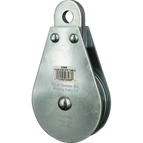 Block Division - 1, 550 Lbs. Load Limit, Rigid Eye Block - Single Sheave, 3-1/2 Inch Outside Diameter, Wire Rope, 5/16 Inch Diameter, Eye, 9/16 Inch Inside Diameter, Carbon Steel, Zinc Plated Finish - All Tool & Supply