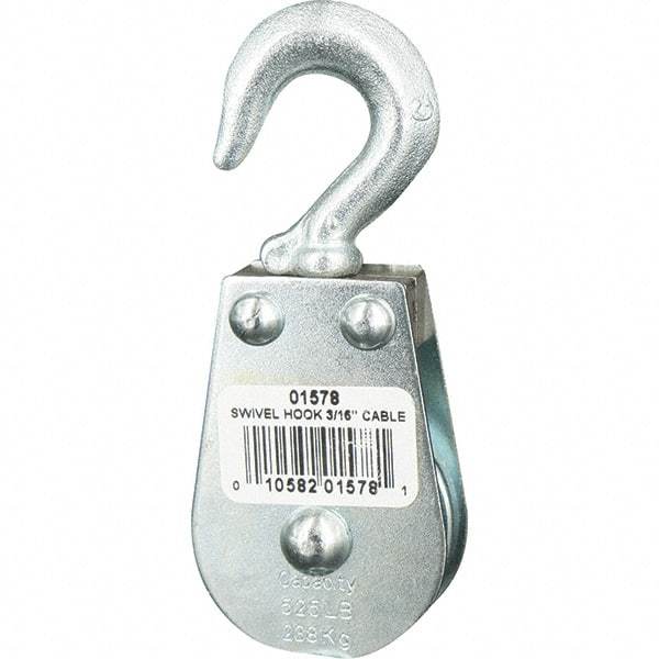 Block Division - 525 Lbs. Load Limit, Swivel Hook Block - Single Sheave, 1-1/2 Inch Outside Diameter, Wire Rope, 3/16 Inch Diameter, Eye, 3/8 Inch Inside Diameter, Carbon Steel, Zinc Plated Finish - All Tool & Supply