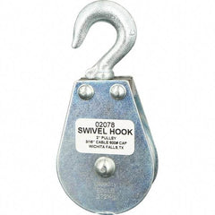 Block Division - 600 Lbs. Load Limit, Swivel Hook Block - Single Sheave, 2 Inch Outside Diameter, Wire Rope, 3/16 Inch Diameter, Eye, 3/8 Inch Inside Diameter, Carbon Steel, Zinc Plated Finish - All Tool & Supply