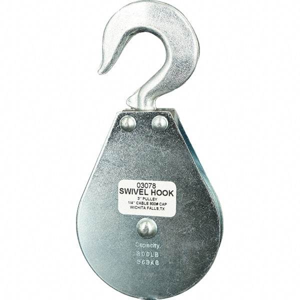 Block Division - 800 Lbs. Load Limit, Swivel Hook Block - Single Sheave, 3 Inch Outside Diameter, Wire Rope, 1/4 Inch Diameter, Eye, 3/8 Inch Inside Diameter, Carbon Steel, Zinc Plated Finish - All Tool & Supply