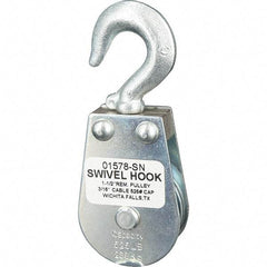 Block Division - 525 Lbs. Load Limit, Swivel Hook Block - Single Sheave, 1-5/8 Inch Outside Diameter, Wire Rope, 3/16 Inch Diameter, Eye, 3/8 Inch Inside Diameter, Carbon Steel, Zinc Plated Finish - All Tool & Supply