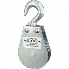 Block Division - 600 Lbs. Load Limit, Swivel Hook Block - Single Sheave, 2-1/8 Inch Outside Diameter, Wire Rope, 3/16 Inch Diameter, Eye, 3/8 Inch Inside Diameter, Carbon Steel, Zinc Plated Finish - All Tool & Supply