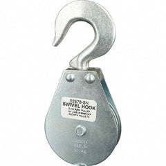 Block Division - 685 Lbs. Load Limit, Swivel Hook Block - Single Sheave, 2-5/8 Inch Outside Diameter, Wire Rope, 1/4 Inch Diameter, Eye, 3/8 Inch Inside Diameter, Carbon Steel, Zinc Plated Finish - All Tool & Supply