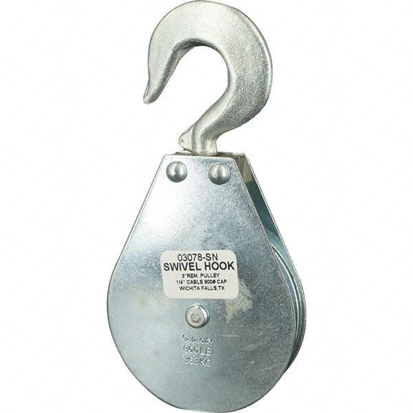 Block Division - 800 Lbs. Load Limit, Swivel Hook Block - Single Sheave, 3-1/8 Inch Outside Diameter, Wire Rope, 1/4 Inch Diameter, Eye, 3/8 Inch Inside Diameter, Carbon Steel, Zinc Plated Finish - All Tool & Supply