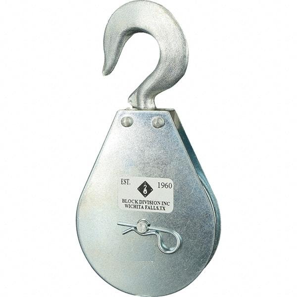 Block Division - 1, 550 Lbs. Load Limit, Swivel Hook Block - Single Sheave, 3-3/4 Inch Outside Diameter, Wire Rope, 5/16 Inch Diameter, Eye, 9/16 Inch Inside Diameter, Carbon Steel, Zinc Plated Finish - All Tool & Supply