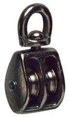 Value Collection - Swivel Eye Double Sheave Pulley - Sheave, 1 Inch Outside Diameter, Fibrous Rope, 1/4 Inch Diameter, Gray Iron, Nickel Plated Finish - All Tool & Supply