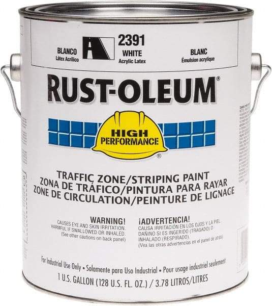 Rust-Oleum - 1 Gallon White Water Based Striping Paint - 410 Linear Ft. at 4 Inch Wide, <100 VOC Compliant, 30 Minutes Tack Free Dry Time, 8 Hrs Recoat Dry Time - All Tool & Supply