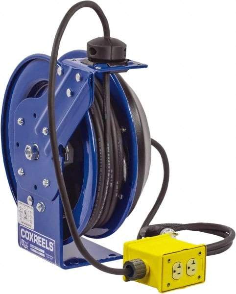 CoxReels - 12 AWG, 75' Cable Length, Cord & Cable Reel with Quad Outlet End - 4 Outlets, NEMA 5-20R, 20 Amps, 115 Volts, SJO Cable, Blue Reel, Spring Driven Reel - All Tool & Supply