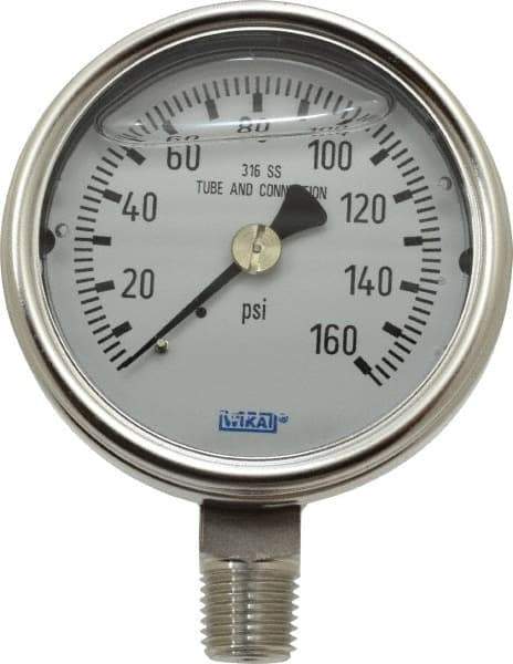 Wika - 2-1/2" Dial, 1/4 Thread, 0-160 Scale Range, Pressure Gauge - Lower Connection Mount, Accurate to 2-1-2% of Scale - All Tool & Supply