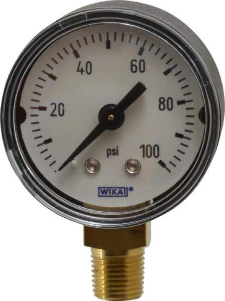 Wika - 1-1/2" Dial, 1/8 Thread, 0-100 Scale Range, Pressure Gauge - Lower Connection Mount, Accurate to 3-2-3% of Scale - All Tool & Supply